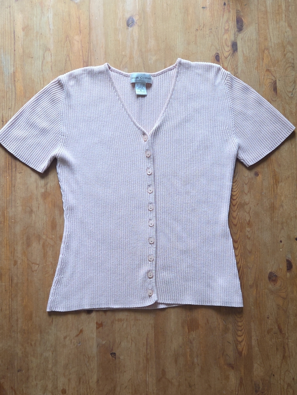 Vintage 90s Casual Corner Ribbed Button Front Short Sleeve Knit V Neck S Pink